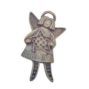 Pewter Silver Tone‎ Metal Brooch Pin Angle holding a Checked Star
